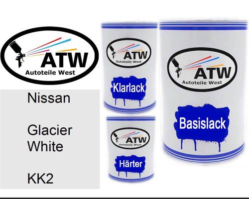 Nissan, Glacier White, KK2: 500ml Lackdose + 500ml Klarlack + 250ml Härter - Set, von ATW Autoteile West.